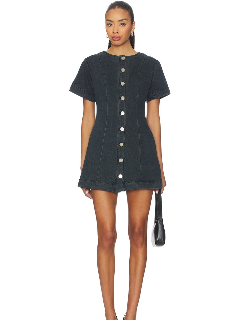 Button-Front Black Denim Mini Dress